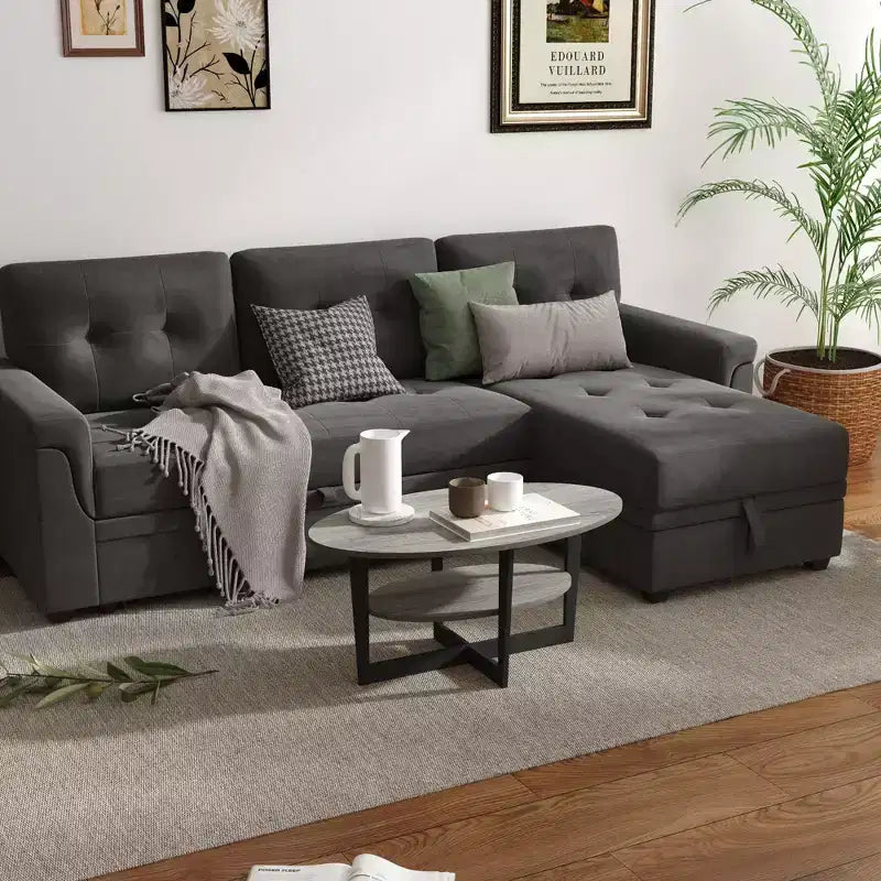 Table basse ovale à 2 niveaux pour salon avec étagère de rangement ouverte, finition bois