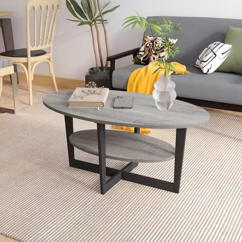 Table basse ovale à 2 niveaux pour salon avec étagère de rangement ouverte, finition bois