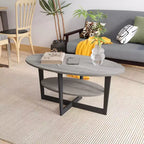 Table basse ovale à 2 niveaux pour salon avec étagère de rangement ouverte, finition bois