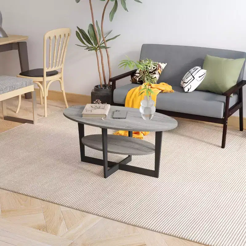 Table basse ovale à 2 niveaux pour salon avec étagère de rangement ouverte, finition bois