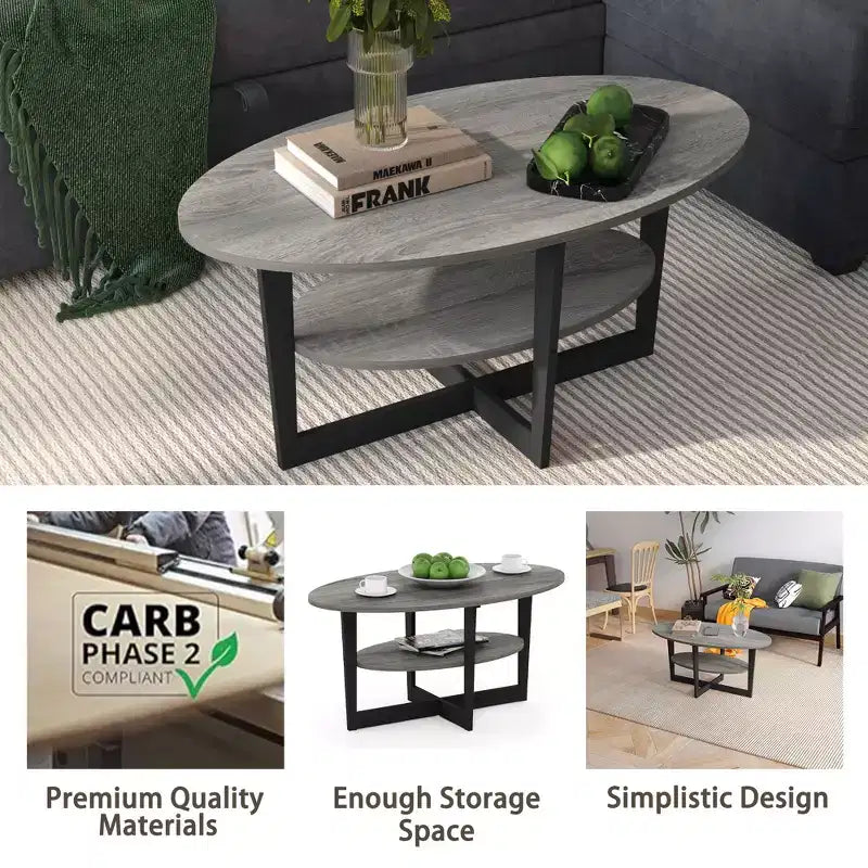 Table basse ovale à 2 niveaux pour salon avec étagère de rangement ouverte, finition bois