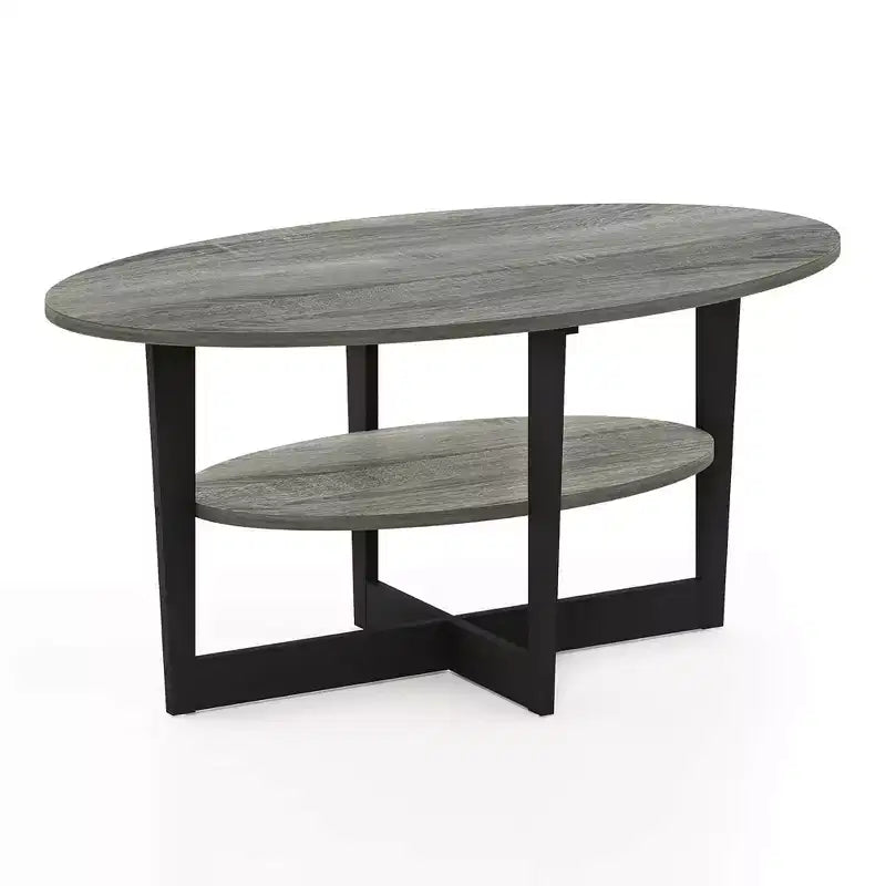 Table basse ovale à 2 niveaux pour salon avec étagère de rangement ouverte, finition bois