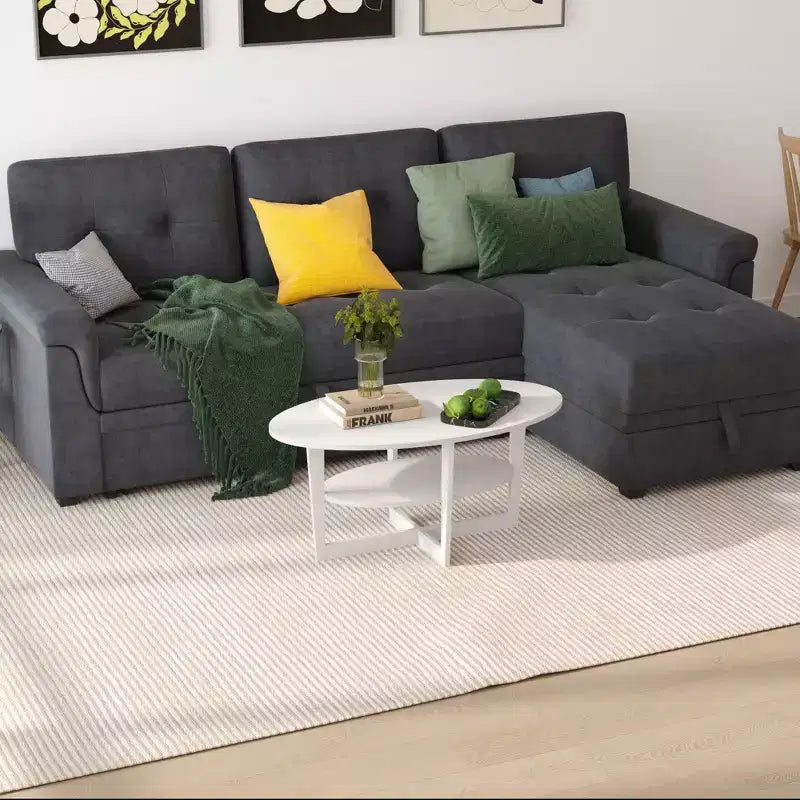 Table basse ovale à 2 niveaux pour salon avec étagère de rangement ouverte, finition bois