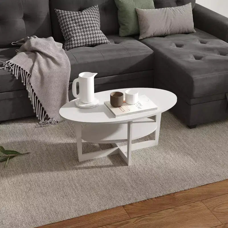 Table basse ovale à 2 niveaux pour salon avec étagère de rangement ouverte, finition bois