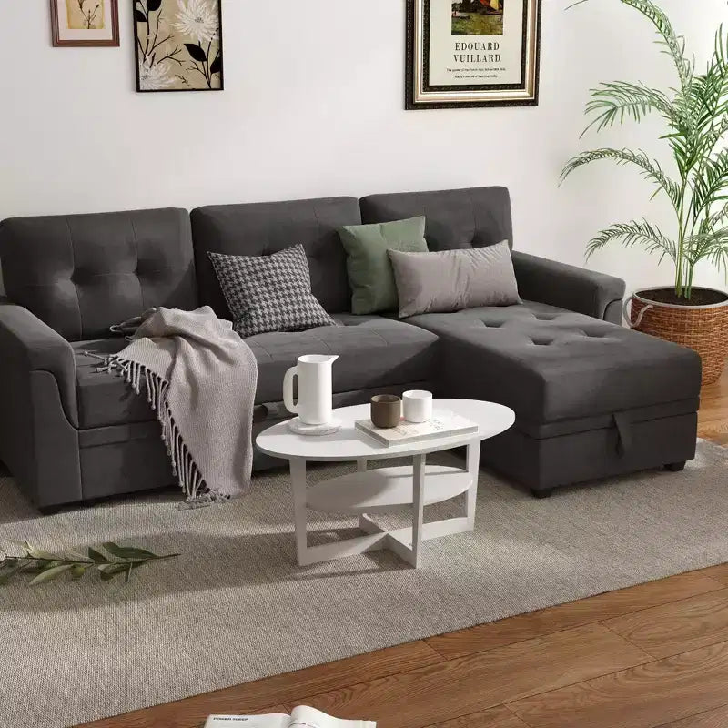 Table basse ovale à 2 niveaux pour salon avec étagère de rangement ouverte, finition bois
