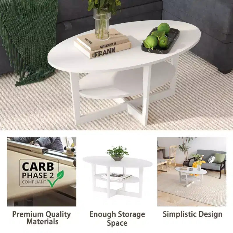 Table basse ovale à 2 niveaux pour salon avec étagère de rangement ouverte, finition bois