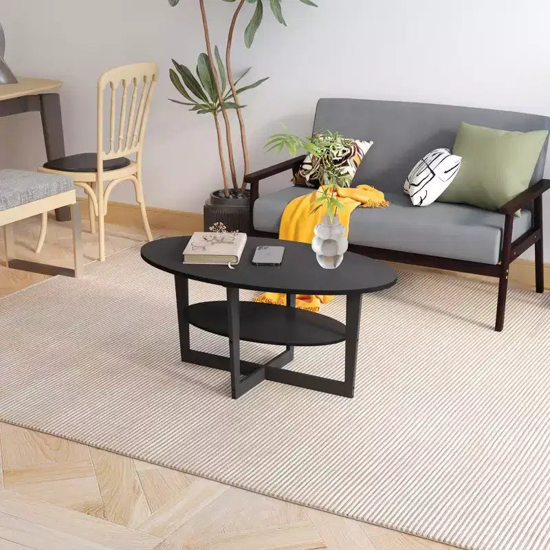 Table basse ovale à 2 niveaux pour salon avec étagère de rangement ouverte, finition bois