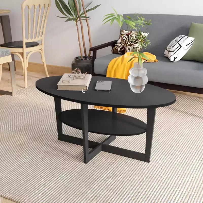 Table basse ovale à 2 niveaux pour salon avec étagère de rangement ouverte, finition bois