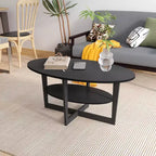 Table basse ovale à 2 niveaux pour salon avec étagère de rangement ouverte, finition bois