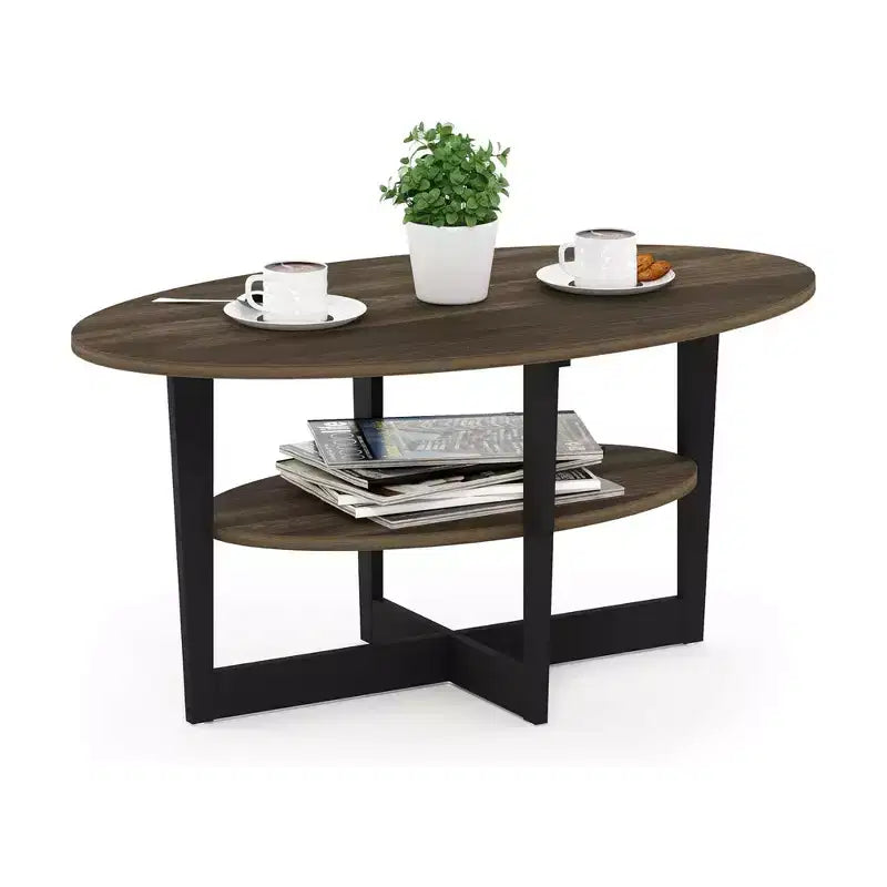 Table basse ovale à 2 niveaux pour salon avec étagère de rangement ouverte, finition bois