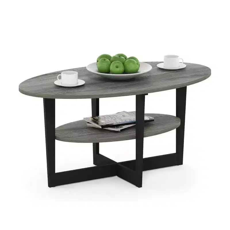 Table basse ovale à 2 niveaux pour salon avec étagère de rangement ouverte, finition bois