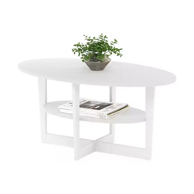 Table basse ovale à 2 niveaux pour salon avec étagère de rangement ouverte, finition bois