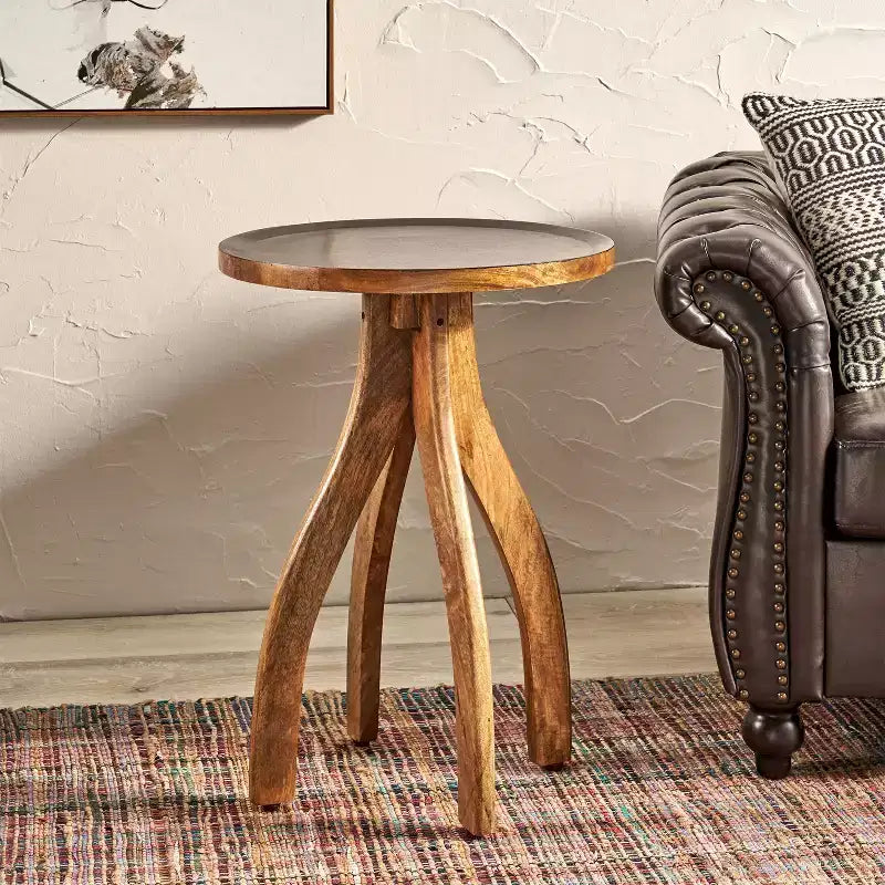 Table d'appoint vintage avec 4 pieds arqués, Table de chevet avec plateau en bois rainuré, Table d'appoint pour canapé, Table de bout, Bois