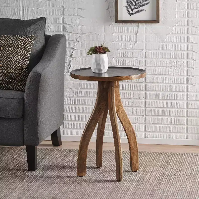 Table d'appoint vintage avec 4 pieds arqués, Table de chevet avec plateau en bois rainuré, Table d'appoint pour canapé, Table de bout, Bois