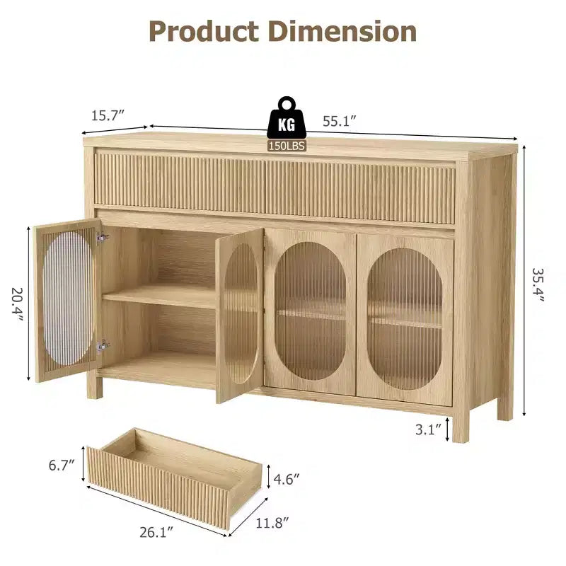 Buffet de salle à manger avec 4 portes vitrées et grand espace de rangement, Console de buffet avec meuble de rangement pour bar à café