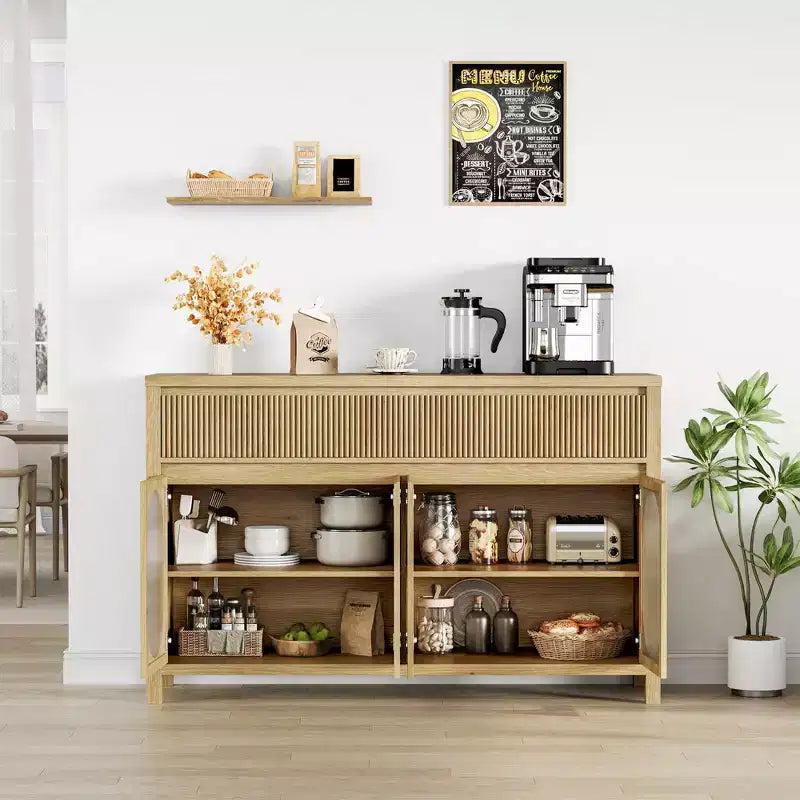Buffet de salle à manger avec 4 portes vitrées et grand espace de rangement, Console de buffet avec meuble de rangement pour bar à café