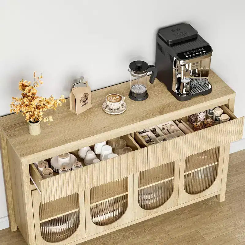 Buffet de salle à manger avec 4 portes vitrées et grand espace de rangement, Console de buffet avec meuble de rangement pour bar à café