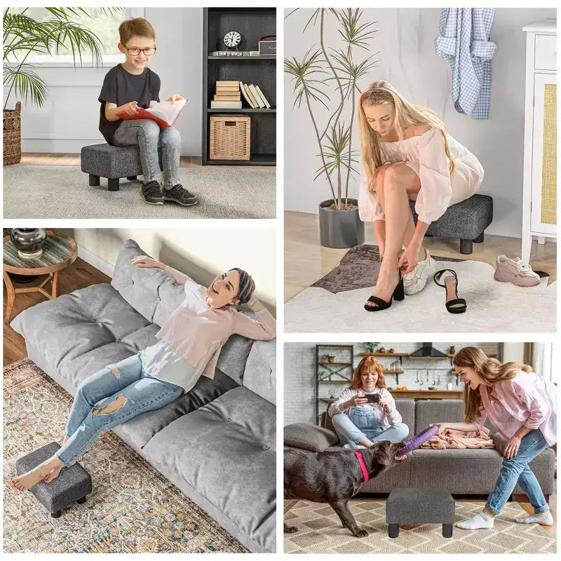 Petit pouf ottoman, repose-pieds avec revêtement en tissu de lin et pieds en plastique, pouf cube