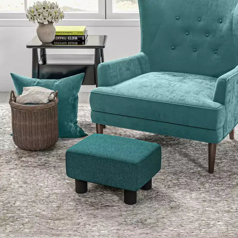 Petit pouf ottoman, repose-pieds avec revêtement en tissu de lin et pieds en plastique, pouf cube