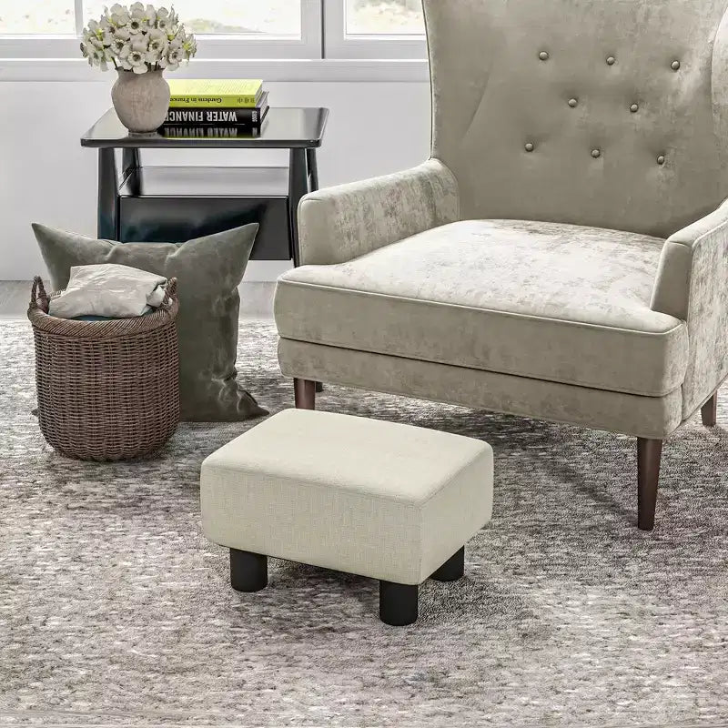 Petit pouf ottoman, repose-pieds avec revêtement en tissu de lin et pieds en plastique, pouf cube