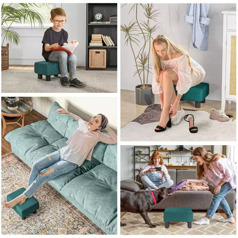 Petit pouf ottoman, repose-pieds avec revêtement en tissu de lin et pieds en plastique, pouf cube