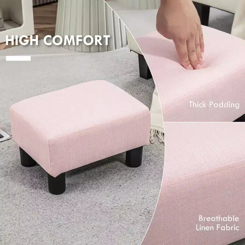Petit pouf ottoman, repose-pieds avec revêtement en tissu de lin et pieds en plastique, pouf cube