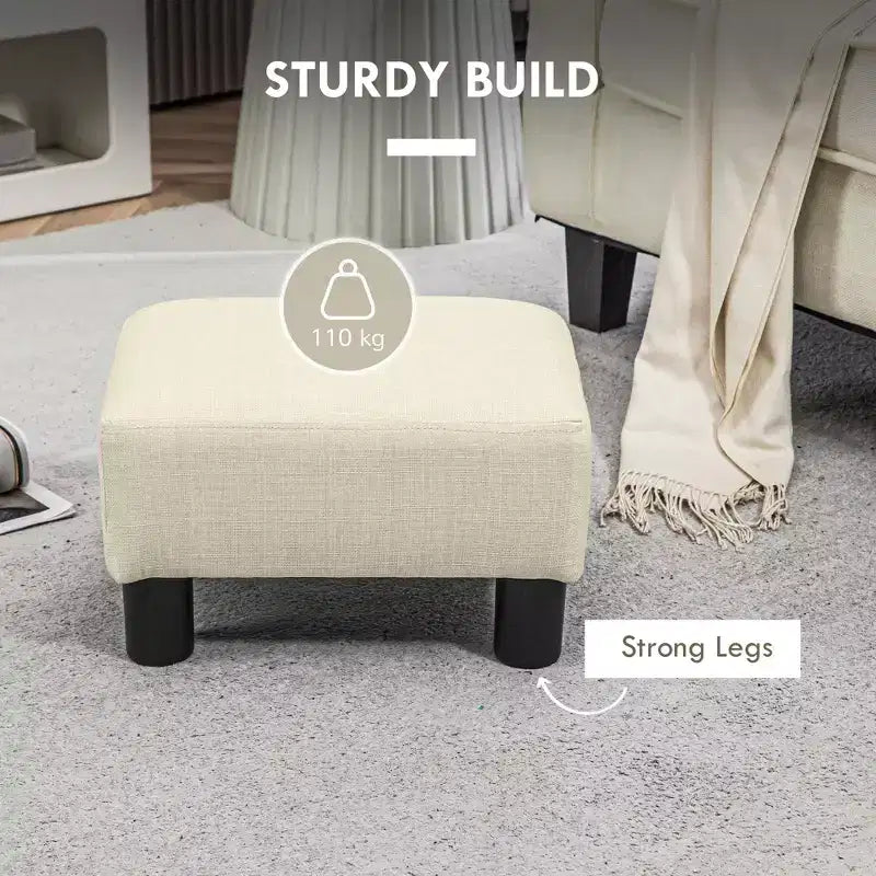 Petit pouf ottoman, repose-pieds avec revêtement en tissu de lin et pieds en plastique, pouf cube
