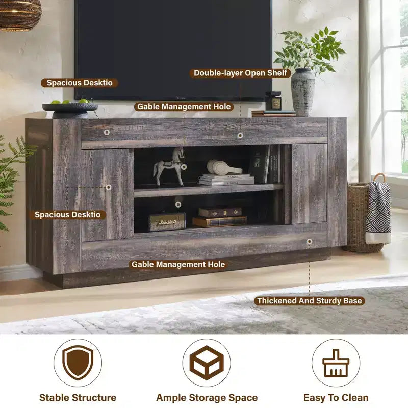 Meuble TV moderne de 70 po, centre de divertissement pour téléviseurs jusqu'à 80 po, console multimédia avec rangement ouvert et armoires latérales, consoles TV en bois épais