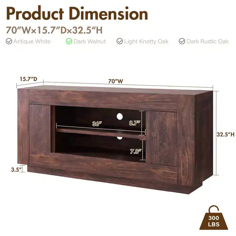 Meuble TV moderne de 70 po, centre de divertissement pour téléviseurs jusqu'à 80 po, console multimédia avec rangement ouvert et armoires latérales, consoles TV en bois épais