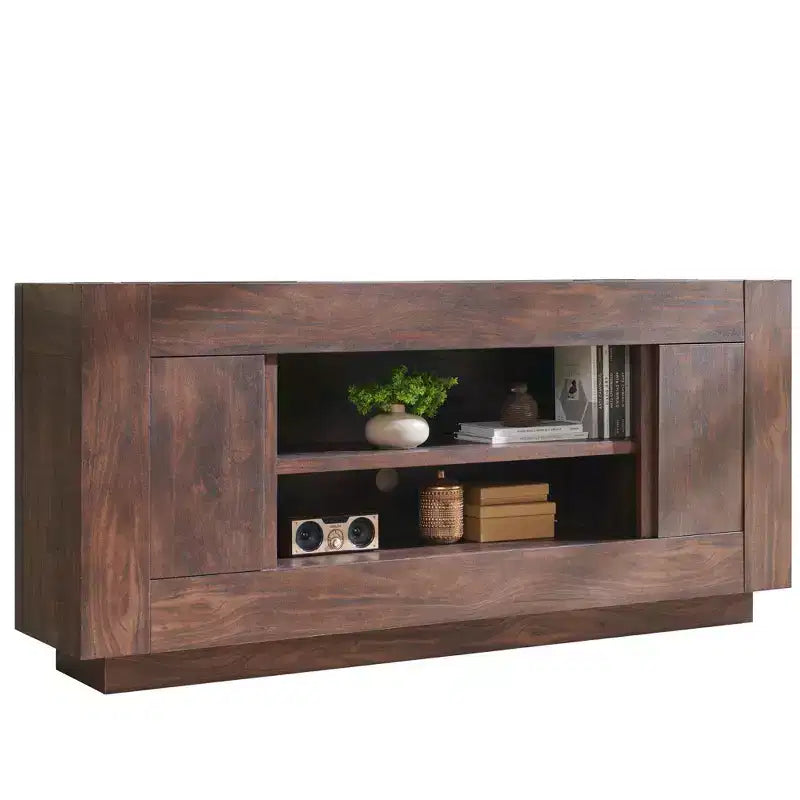 Meuble TV moderne de 70 po, centre de divertissement pour téléviseurs jusqu'à 80 po, console multimédia avec rangement ouvert et armoires latérales, consoles TV en bois épais