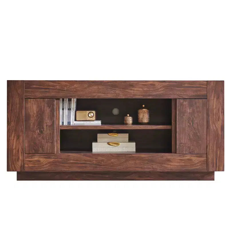 Meuble TV moderne de 70 po, centre de divertissement pour téléviseurs jusqu'à 80 po, console multimédia avec rangement ouvert et armoires latérales, consoles TV en bois épais