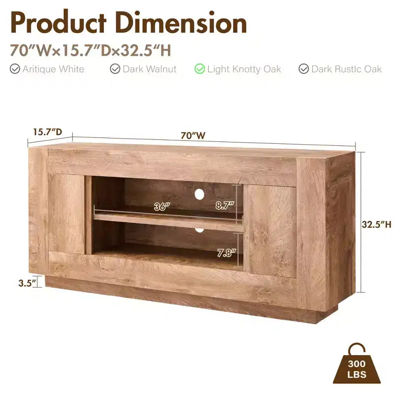 Meuble TV moderne de 70 po, centre de divertissement pour téléviseurs jusqu'à 80 po, console multimédia avec rangement ouvert et armoires latérales, consoles TV en bois épais