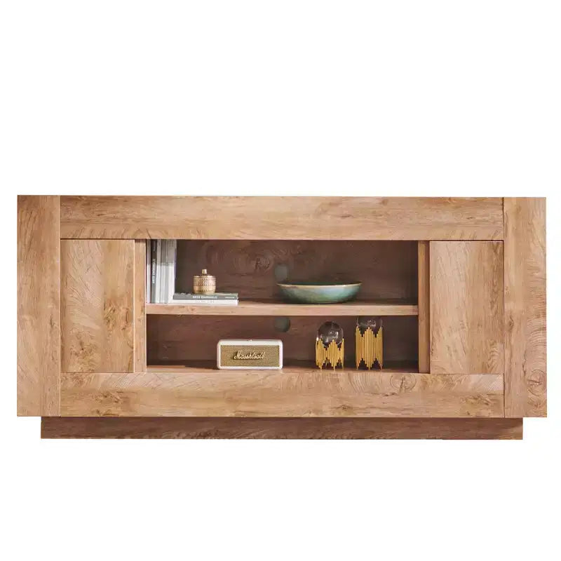 Meuble TV moderne de 70 po, centre de divertissement pour téléviseurs jusqu'à 80 po, console multimédia avec rangement ouvert et armoires latérales, consoles TV en bois épais