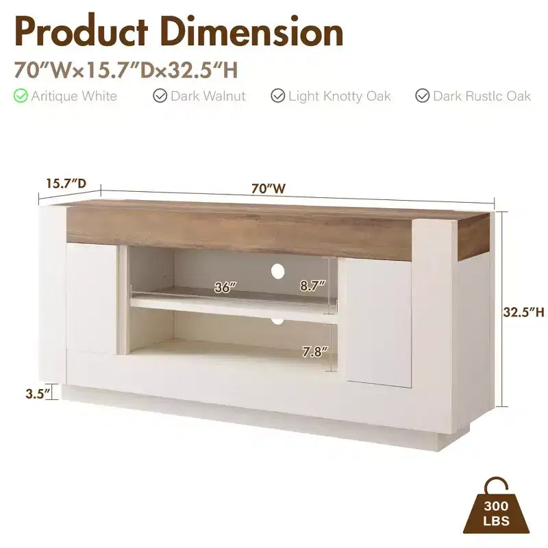 Meuble TV moderne de 70 po, centre de divertissement pour téléviseurs jusqu'à 80 po, console multimédia avec rangement ouvert et armoires latérales, consoles TV en bois épais