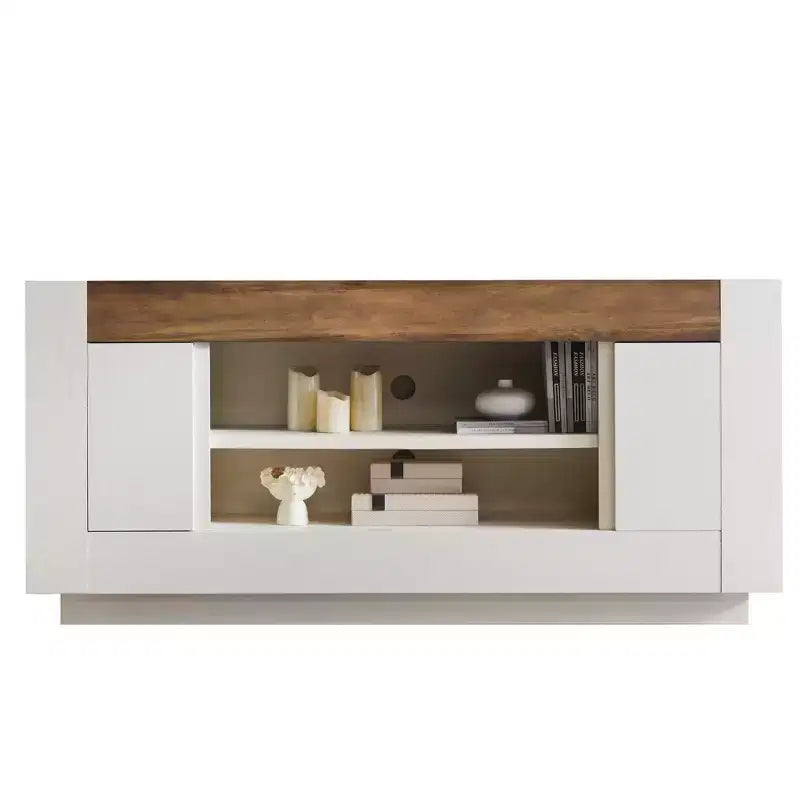 Meuble TV moderne de 70 po, centre de divertissement pour téléviseurs jusqu'à 80 po, console multimédia avec rangement ouvert et armoires latérales, consoles TV en bois épais