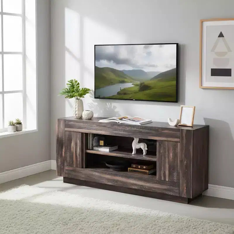 Meuble TV moderne de 70 po, centre de divertissement pour téléviseurs jusqu'à 80 po, console multimédia avec rangement ouvert et armoires latérales, consoles TV en bois épais