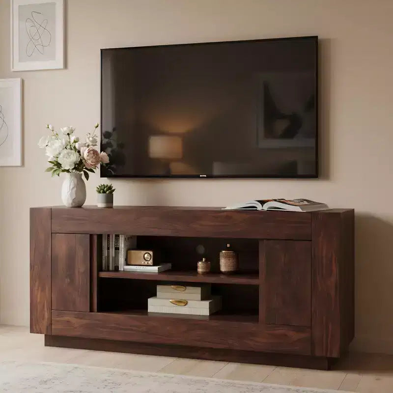 Meuble TV moderne de 70 po, centre de divertissement pour téléviseurs jusqu'à 80 po, console multimédia avec rangement ouvert et armoires latérales, consoles TV en bois épais