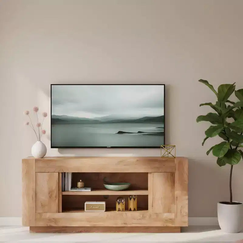 Meuble TV moderne de 70 po, centre de divertissement pour téléviseurs jusqu'à 80 po, console multimédia avec rangement ouvert et armoires latérales, consoles TV en bois épais