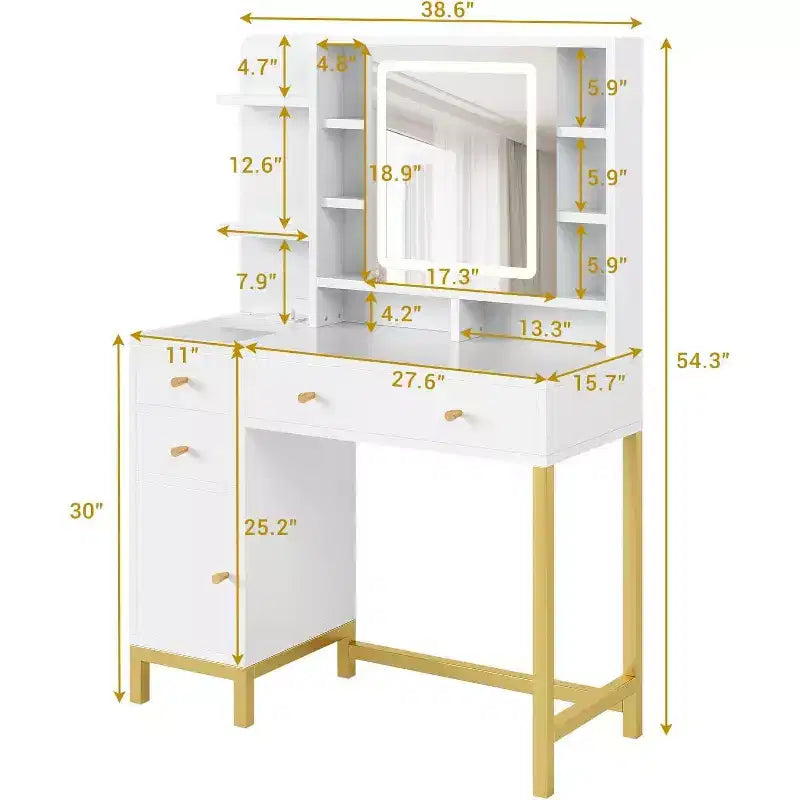 Coiffeuse avec miroir lumineux LED et prise électrique, 3 modes d'éclairage, luminosité réglable, blanc