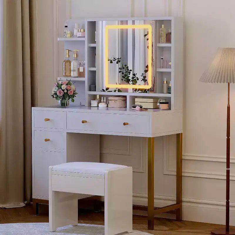 Coiffeuse avec miroir lumineux LED et prise électrique, 3 modes d'éclairage, luminosité réglable, blanc