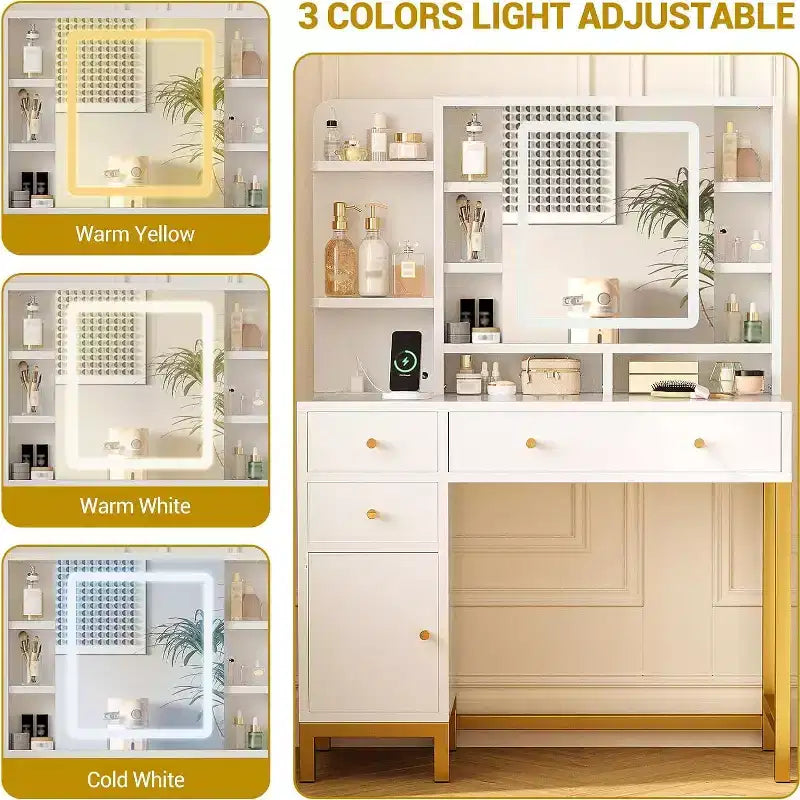 Coiffeuse avec miroir lumineux LED et prise électrique, 3 modes d'éclairage, luminosité réglable, blanc