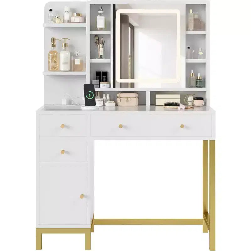 Coiffeuse avec miroir lumineux LED et prise électrique, 3 modes d'éclairage, luminosité réglable, blanc