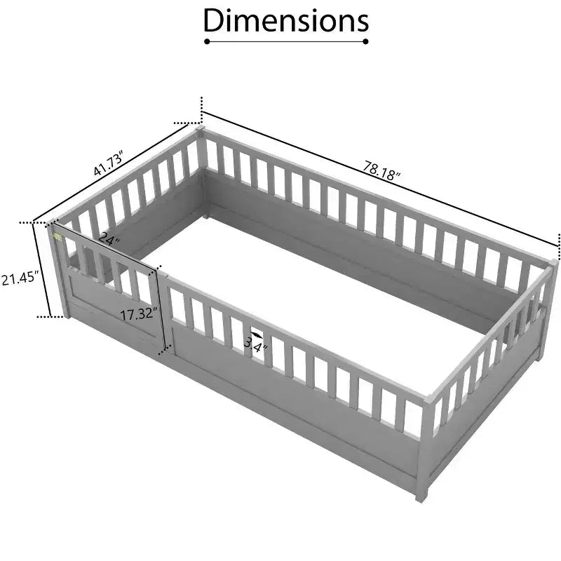 Lit de sol une place pour enfants, lit en bois pour tout-petits avec clôture et porte, lit de sol pour enfants filles et garçons, en bois de pin, gris