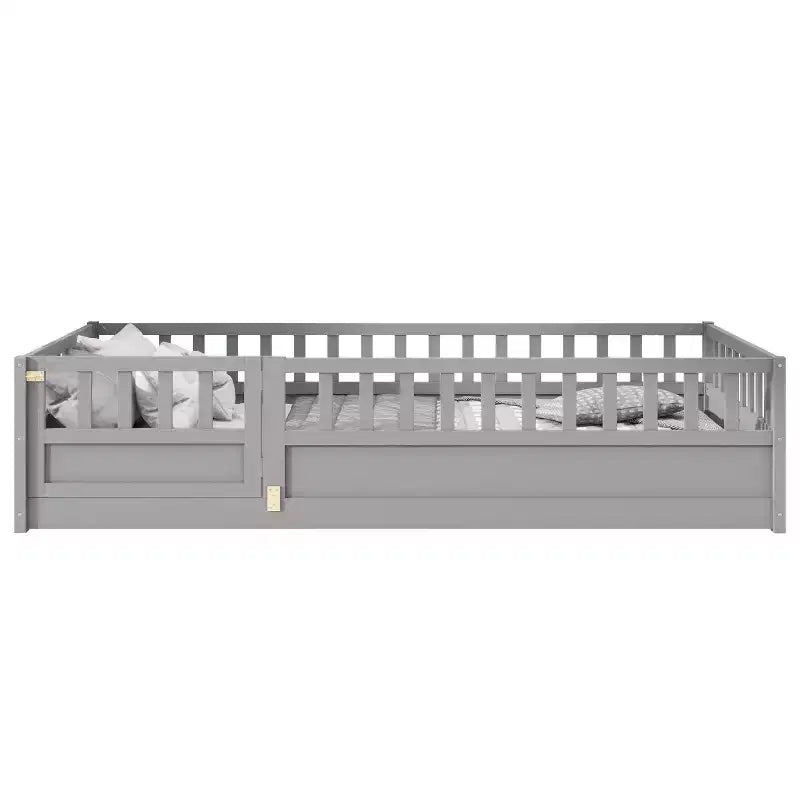 Lit de sol une place pour enfants, lit en bois pour tout-petits avec clôture et porte, lit de sol pour enfants filles et garçons, en bois de pin, gris