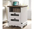 24 Farmhouse Side Table with Charging Station, 2 Drawers, Wooden Sofa Nightstand for Living Room and Bedroom