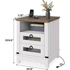 Table d'appoint de ferme 24 po avec station de recharge, 2 tiroirs, table de chevet en bois pour le salon et la chambre à coucher
