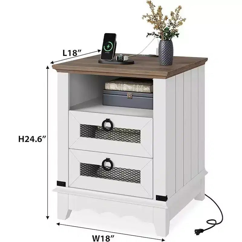 Table d'appoint de ferme 24 po avec station de recharge, 2 tiroirs, table de chevet en bois pour le salon et la chambre à coucher