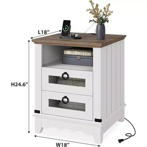 Table d'appoint de ferme 24 po avec station de recharge, 2 tiroirs, table de chevet en bois pour le salon et la chambre à coucher