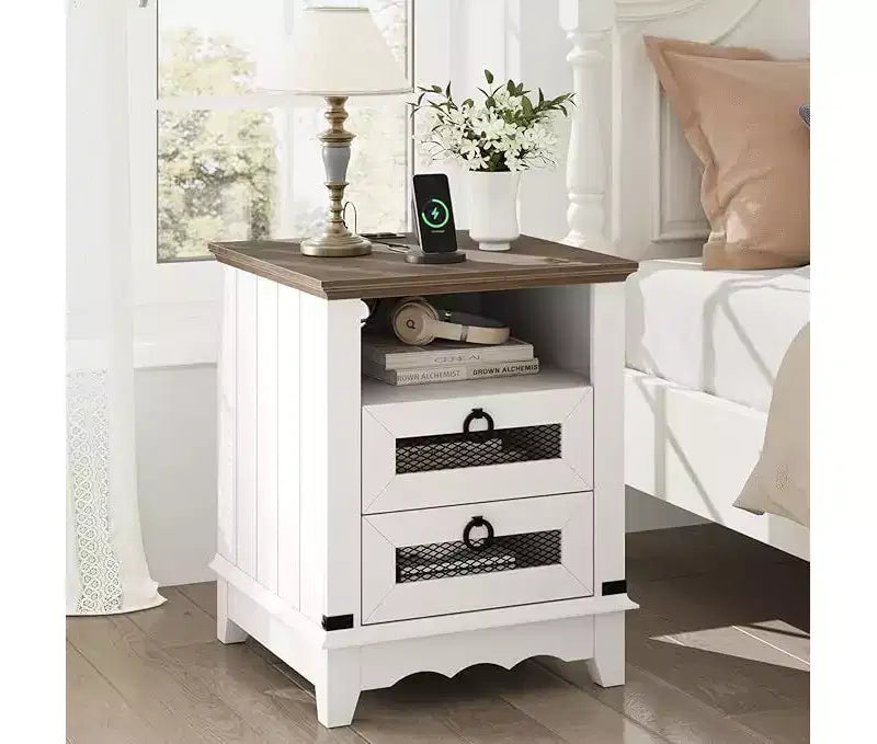 Table d'appoint de ferme 24 po avec station de recharge, 2 tiroirs, table de chevet en bois pour le salon et la chambre à coucher