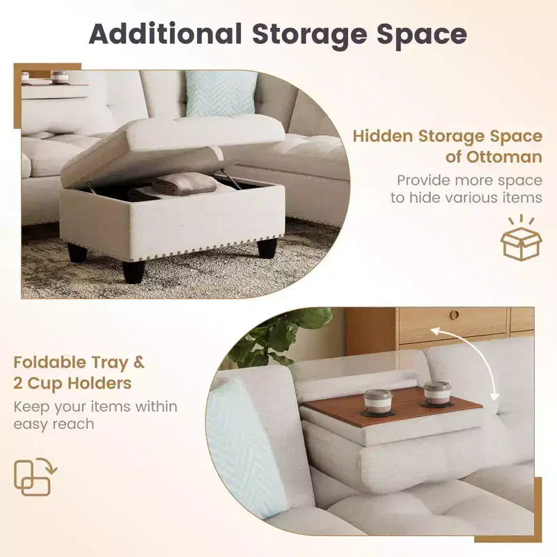 Canapé d'angle en lin 98 po avec pouf de rangement mobile, dossiers, sièges, porte-gobelets, beige/gris foncé